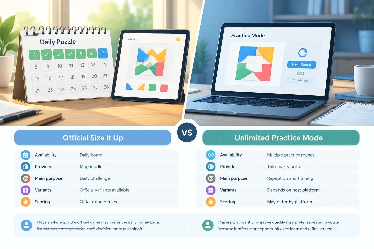 split comparison showing a daily puzzle calendar beside an endless practice screen