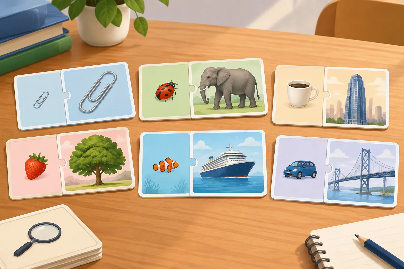collection of puzzle cards showing different object scales from small items to large structures