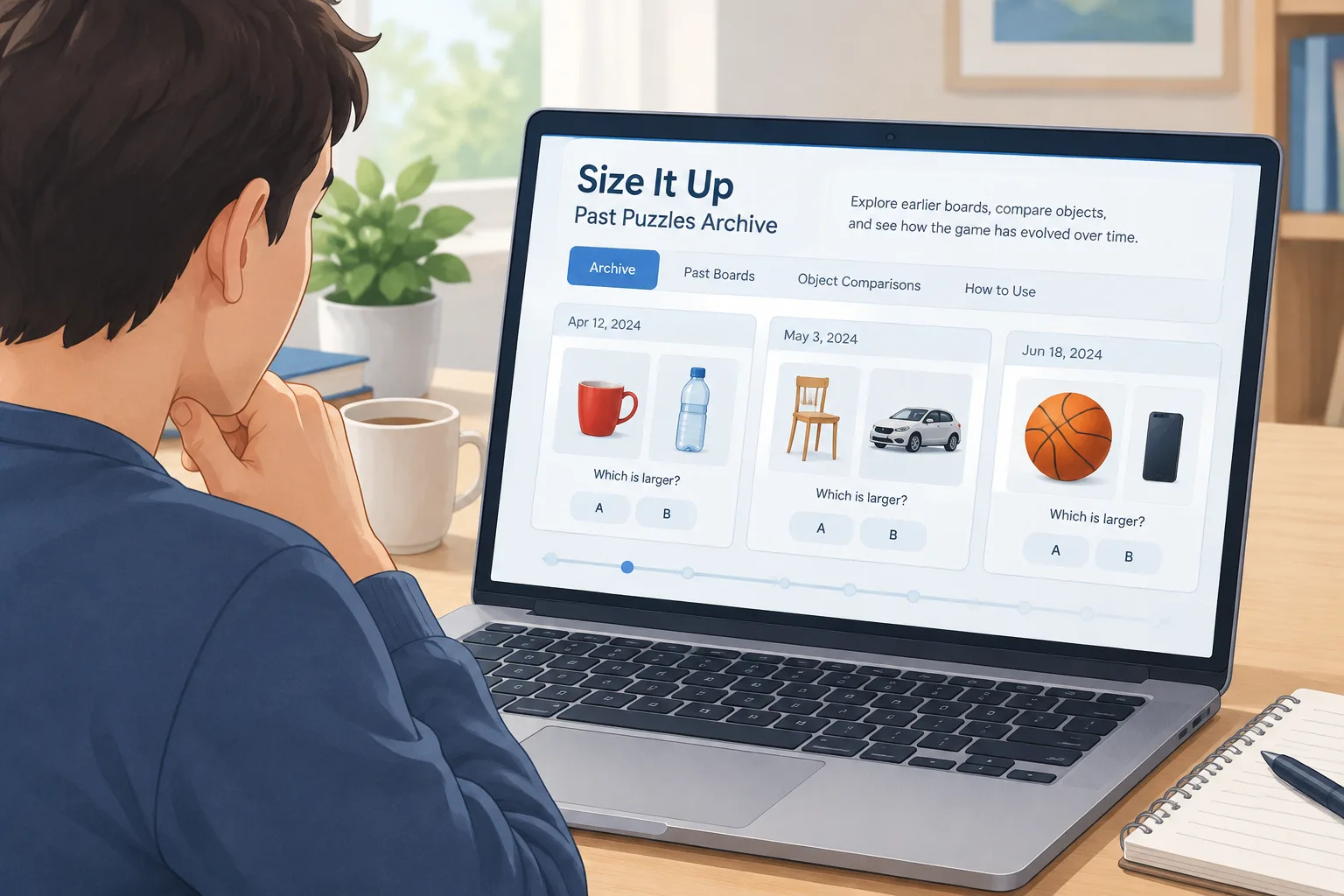 player viewing a puzzle archive page on a computer with several object comparison cards visible