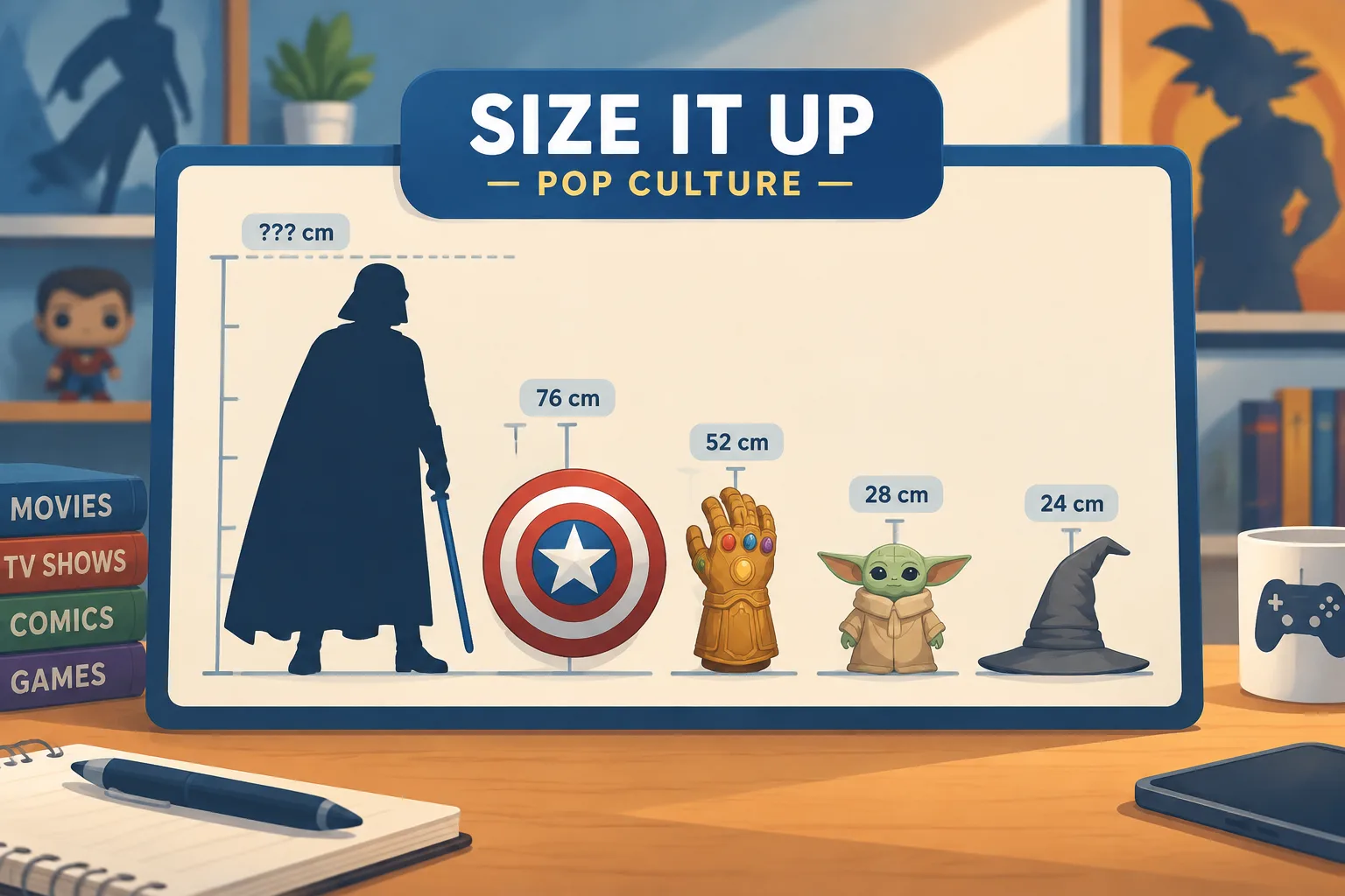 Illustration of a Size It Up board featuring a pop culture character silhouette next to four referen