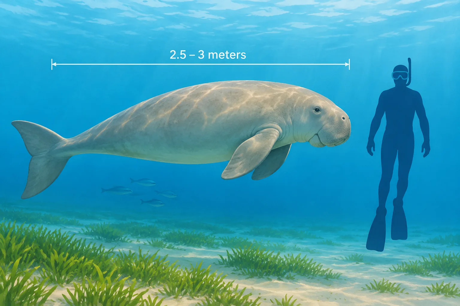 Marine mammal swimming beside a human figure silhouette showing approximate scale comparison