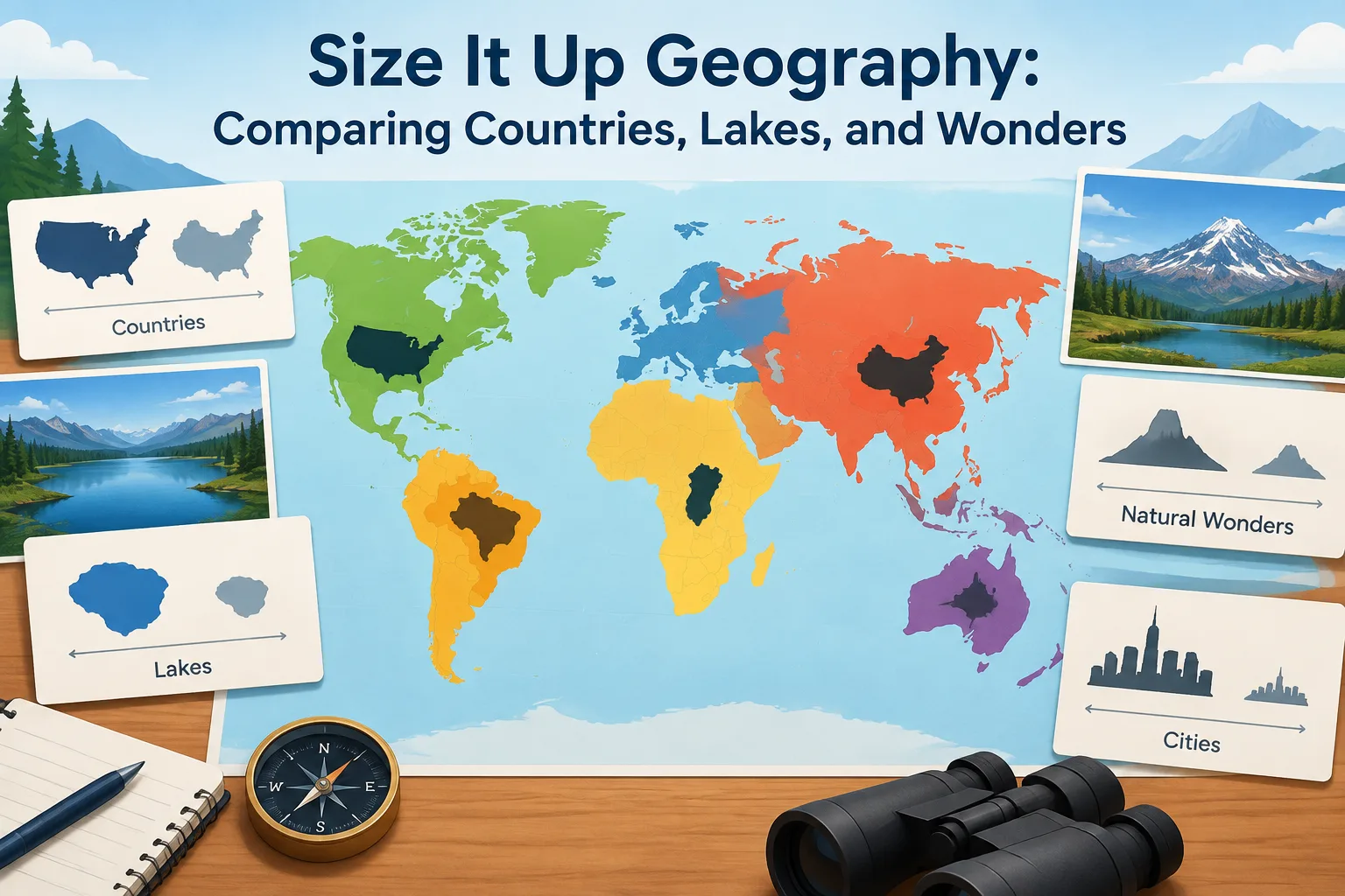 world map showing countries, lakes, and natural landmarks as comparison silhouettes