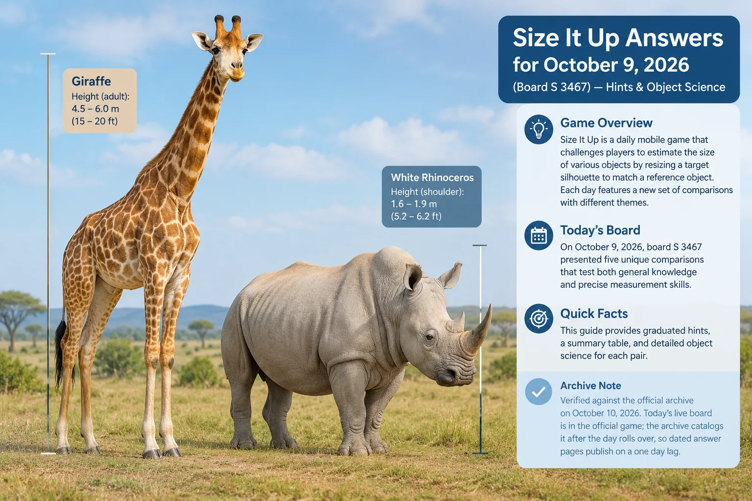 Side-by-side visual of a giraffe standing next to a white rhinoceros for size comparison