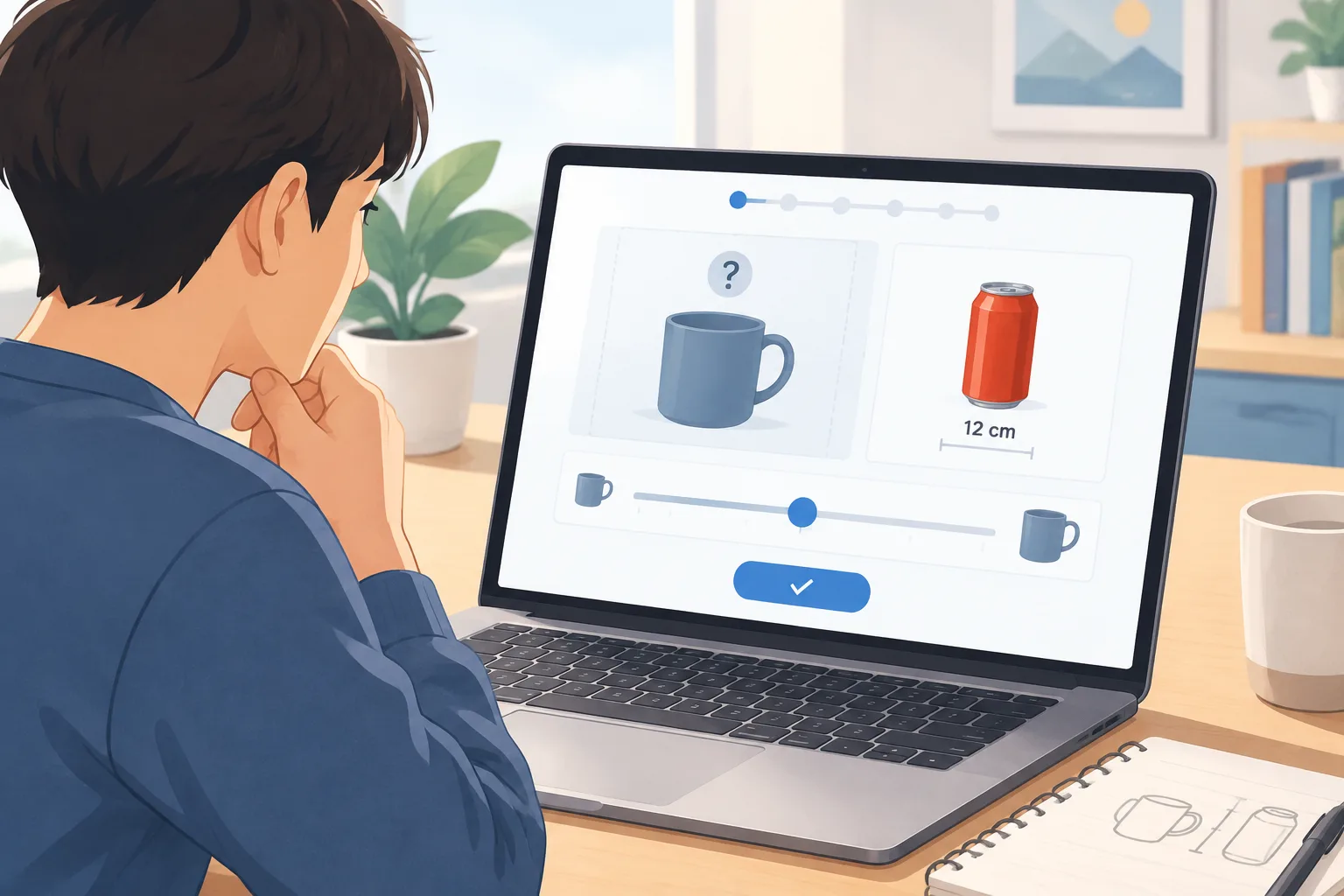 Person comparing the size of everyday objects on a clean puzzle interface