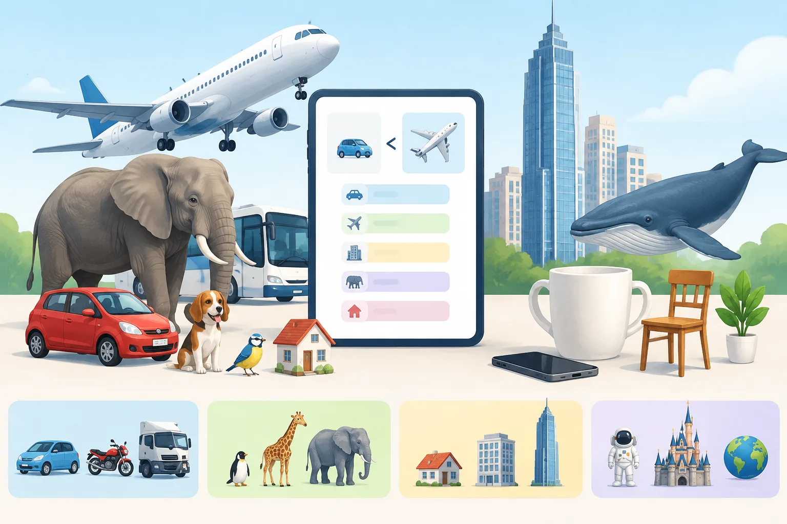 Collection of objects such as vehicles animals buildings and household items arranged to show differ