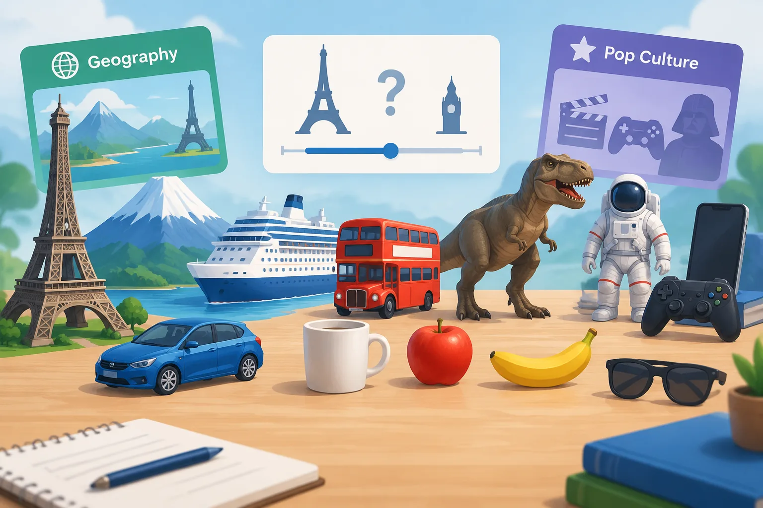 collection of different themed objects including landmarks vehicles and everyday items arranged for