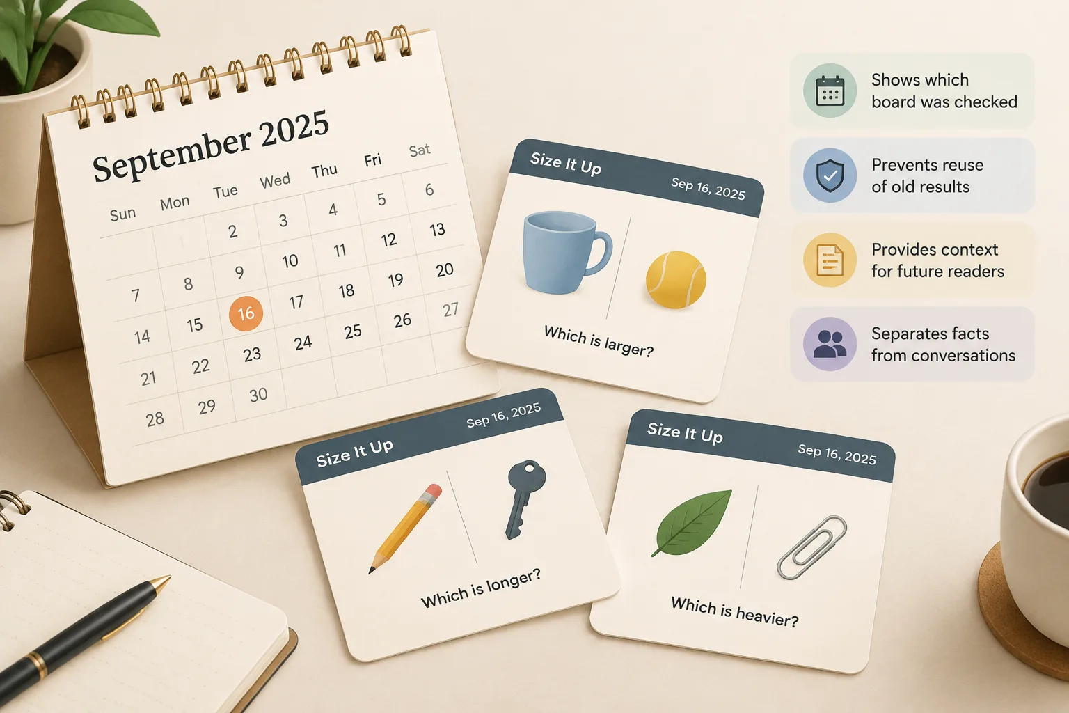 calendar page beside puzzle cards showing dated daily entries and object comparison icons