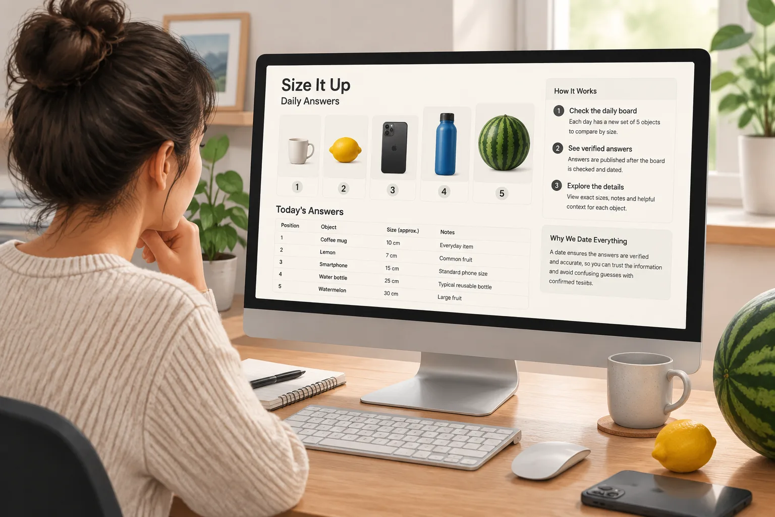 player viewing a daily size comparison puzzle on a desktop screen with object illustrations nearby