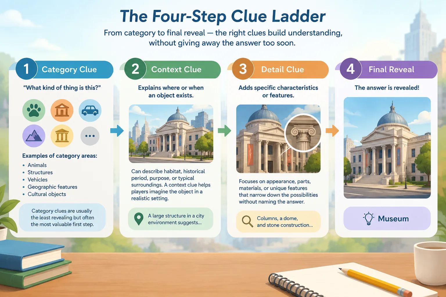 illustration showing a four-step clue ladder from category to final reveal with icons