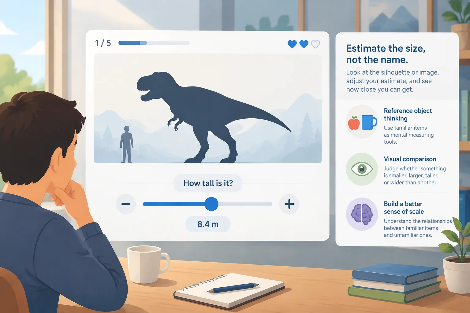 Game interface showing object silhouettes and size comparison controls
