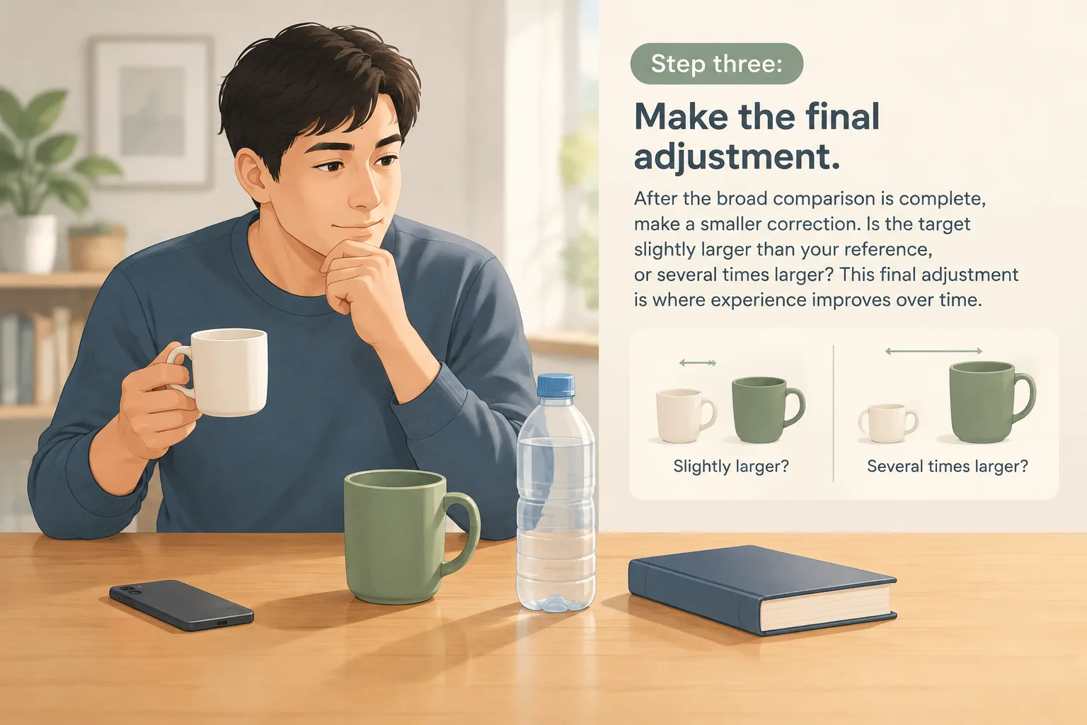 person using everyday objects as visual references for estimating scale